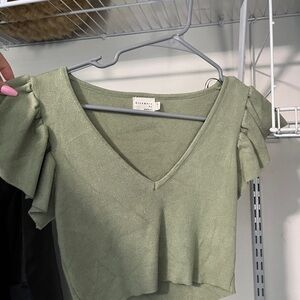Green V-Neck Ruffle Sleeve Top